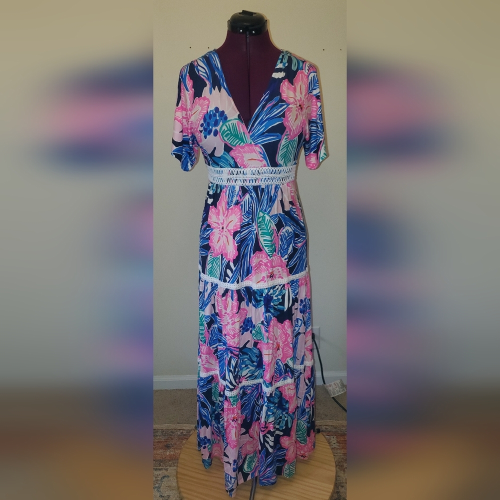 Lilly Pulitzer Pink & Blue Maribella Wrap Maxi Dress Sz 0